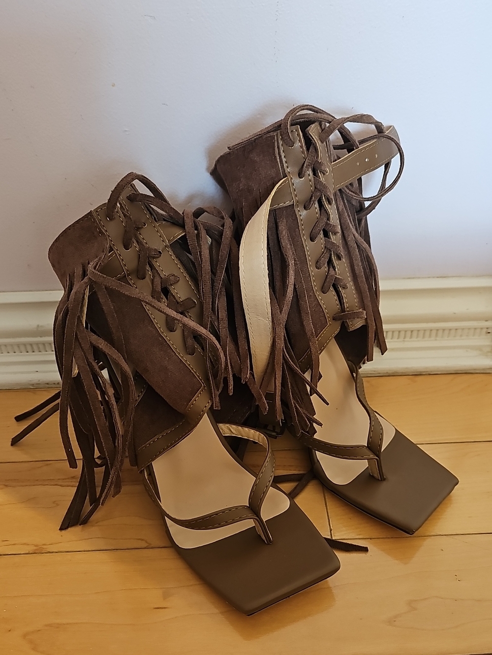 Fringe Lace-Up Brown Women's Sandal Heels